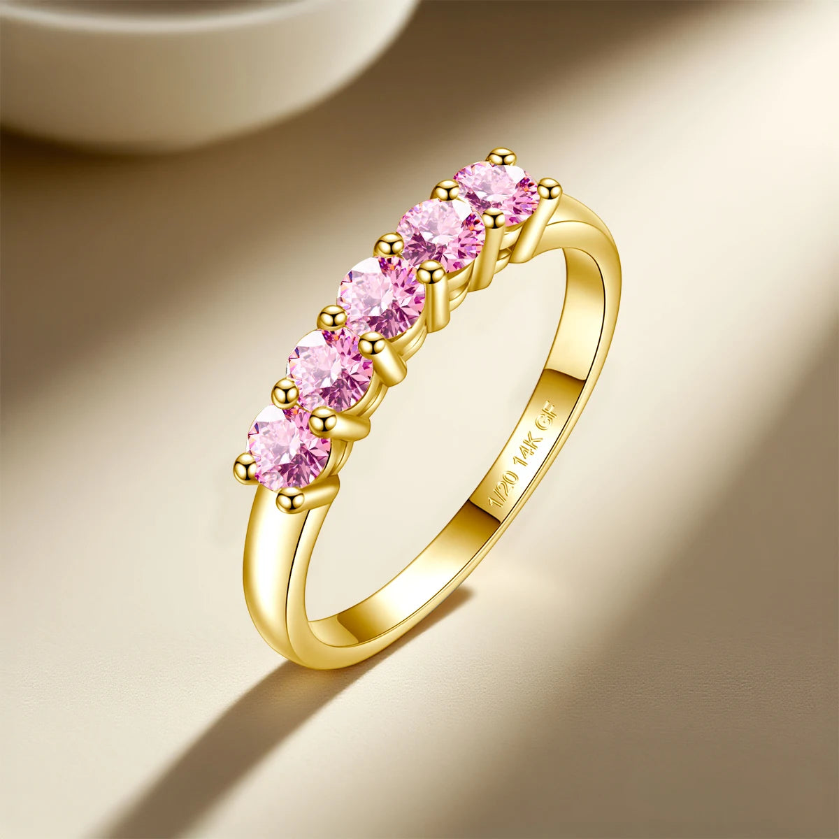 14K Gold Filled Pink Moissanite Rings 5 Stone D VVS1 for Women Man with 1/20th 14 Karat Gold Engagement Wedding Jewelry.