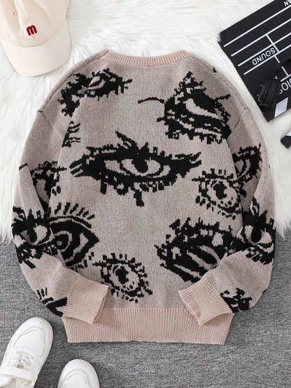 New Popular Autumn and Winter Abstract Eye Jacquard Pattern Pullover Sweater Casual Round Neck Knitted Men's Pullover.