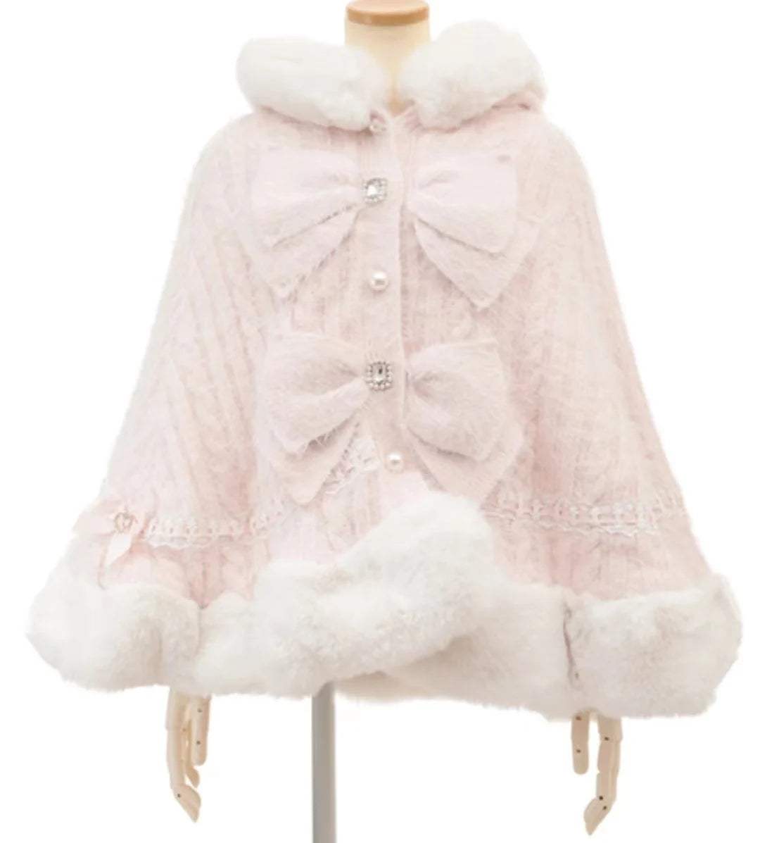 Japanische Liz Süße Prinzessin Faux Kaninchen Fell Cape Mantel Frauen Herbst Winter Pelz Jacke Lose Uhr Strass Bogen Mit Kapuze Mantel.