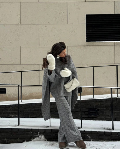 Hirsionsan Soft Elegant Vintage Women Suits 3 Pieces Female Sets O Neck Sweater & Wild Leg Pants with Scarf Knitted TrackSuit.