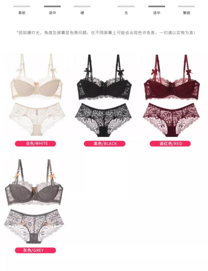 French Coquette Lace Bra Set Bow Straps Minimizer Large Bust Sheer Half Cup Balconette Push Up No Spill Underwire Sexy Lingerie.