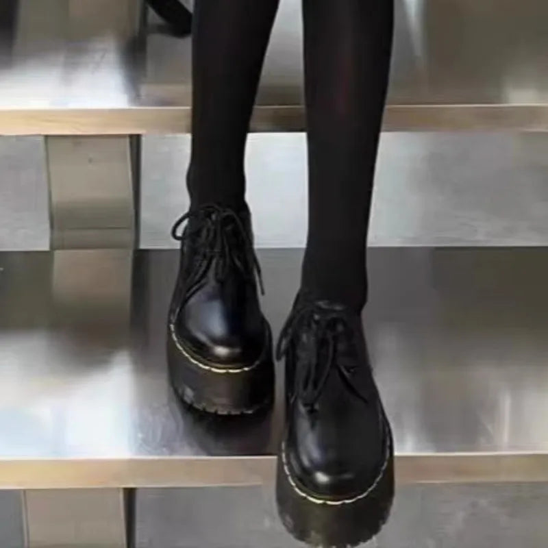 2024womens Autumn New Fashion Round Head Lace-up Solid Color Womens Loafers Casual Thick Soled Leather Women's Thick Soled Shoes.