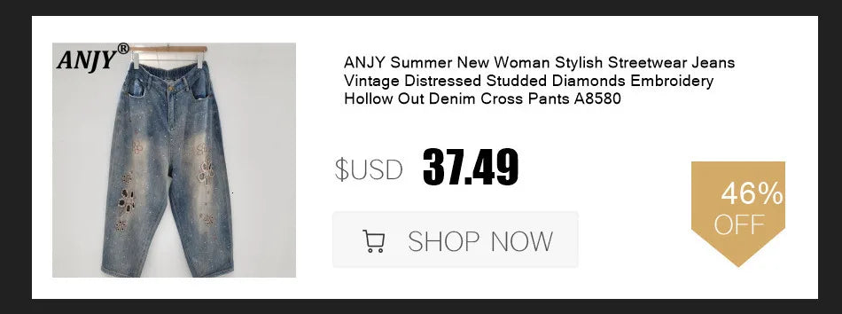 ANJY Autumn Winter Women Fashion Casual Versatile Washed Tide Diamonds Straight Jeans Trend Design Sense High Waist Pants A10636.