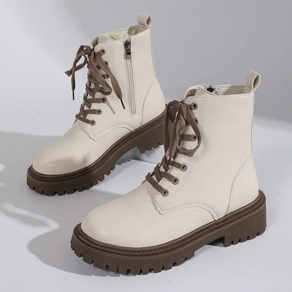 Autumn Winter Short Plush Ankle Boots Women Fashion Lace Up Pu Leather Platform Boots Woman Thick Sole Motorcycle Botas Mujer 42