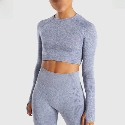 Noennamenull Women's Long Sleeve Yoga Set Seamless Knit Fitness Clothing Quick Dry Export Quality Cross Body Top.