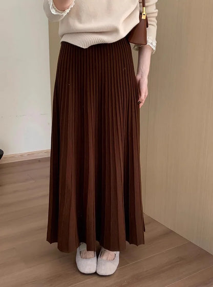 2026 Khaki Cashmere Knitted Midi Skirt for Women, Loose Fit, Draped, Slimming A-Line Pleated Skirt for Autumn and Winter