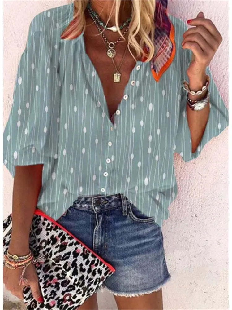 2024 New Women's Shirts & Blouses Fashion Vintage Printed Casual Vacation Bohemian Style Lady Single-breasted Shirt Streetwear.