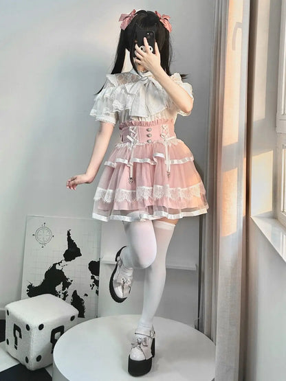 Japanese Mine Lolita Bow Shirt Subcultural Shirts Female Cute Black and White Lace Long-sleeved Short-sleeved Blouse Women.