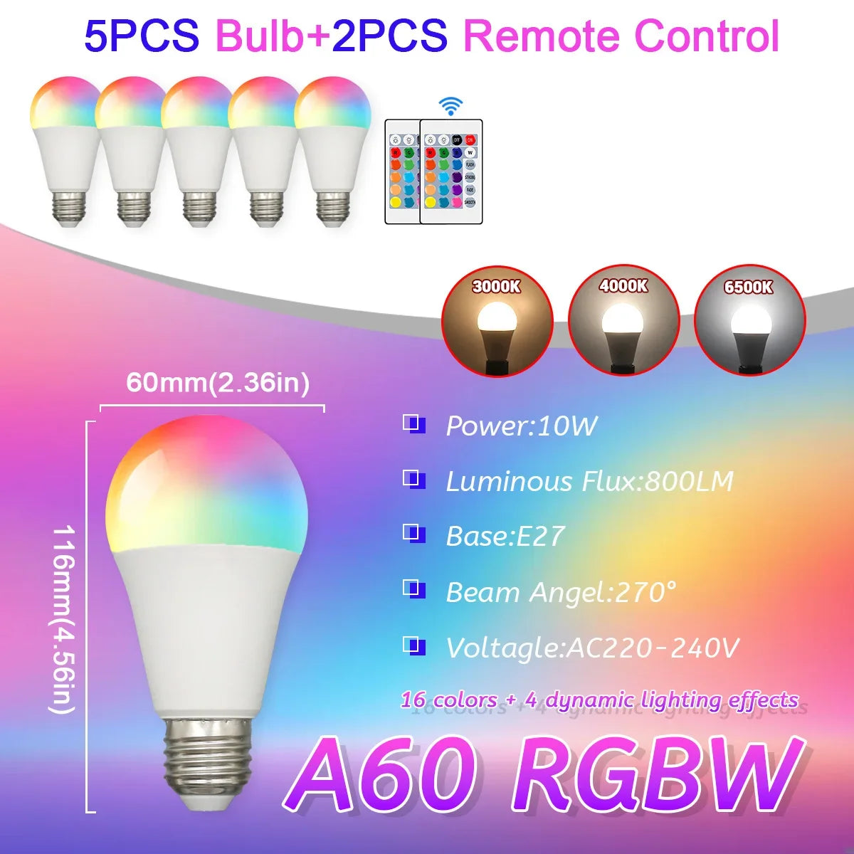 E27 RGB LED Light Bulb 220V 10W with IR Color Changing Control Remote Multicolor + White Lamp Spotlight for Bedroom Party Home.