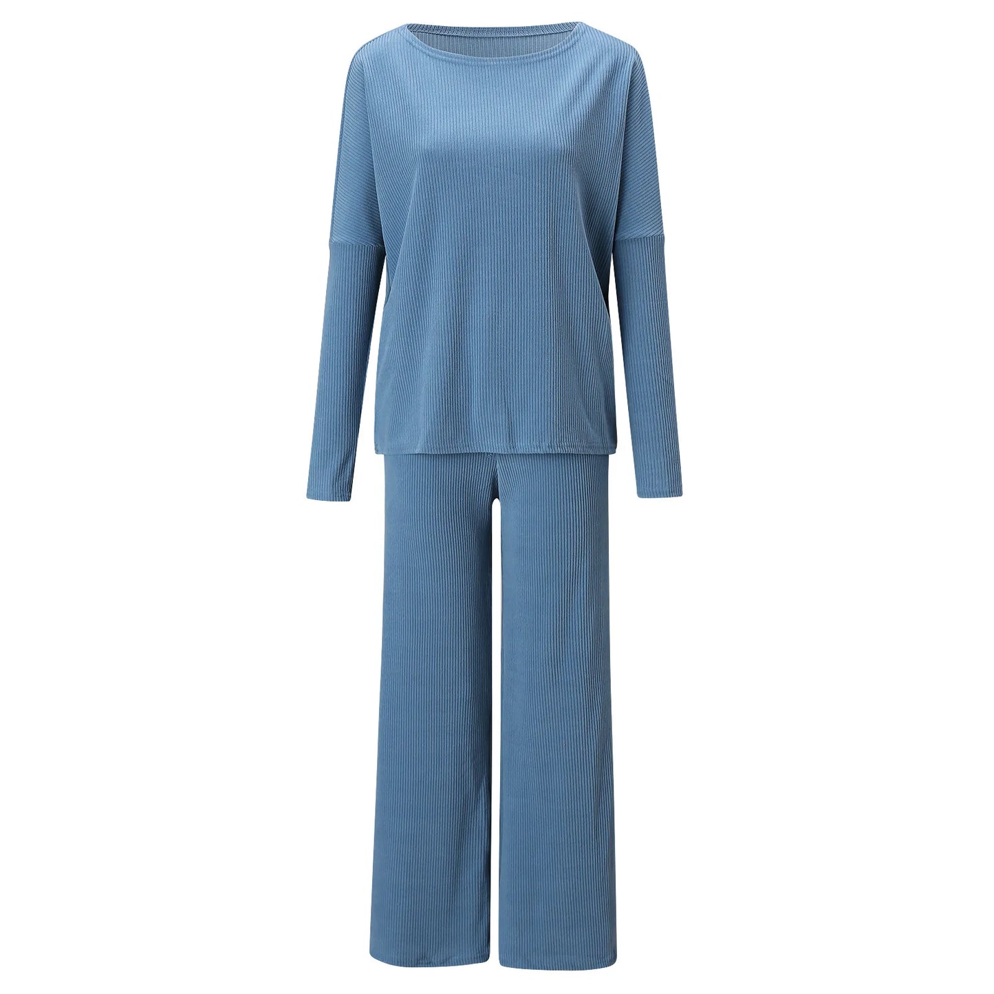 New Women's 2pcs Clothes Set Solid Color Round Neck Long Sleeve Casual Top & Loose Wide Leg Pants Home Wear.
