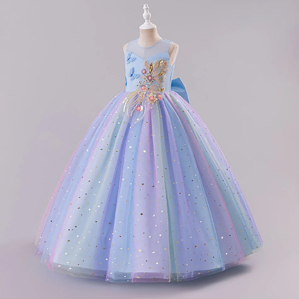 Elegantes, ärmelloses Tüll-Ballkleid für Kinder, Bühnenaufführungen, Hochzeiten, Weihnachten, Mädchenkleider, Mädchen-Prinzessin-Partykleider