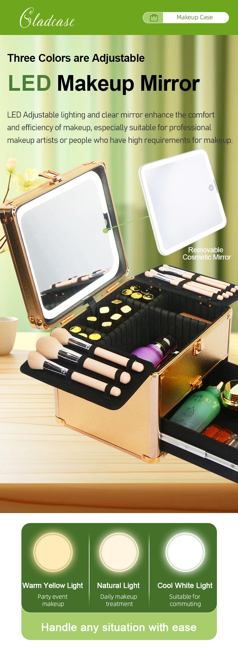Large Capacity Makeup Case with LED Mirror Multiple Size Options Cosmetic Box LED Mirror Makeup Storage Box for Beauty Salons.