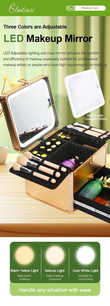 Large Capacity Makeup Case with LED Mirror Multiple Size Options Cosmetic Box LED Mirror Makeup Storage Box for Beauty Salons.