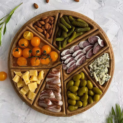 Divided Wood Serving Tray Snack Dessert Platter Fruit Appetizer Serving Plate Serving Platter Round For Candy Nuts Appetizers.