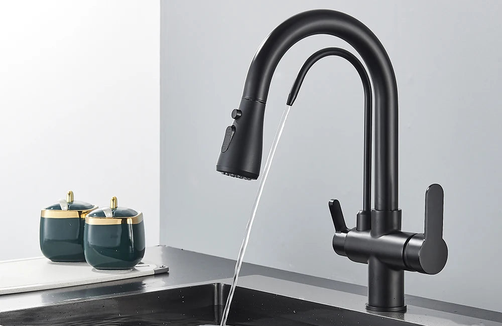 Quyanre Matte Black Filtered Crane For Kitchen Pull Out Spray 360 Rotation Water Filter Tap Three Ways Sink Mixer Kitchen Faucet