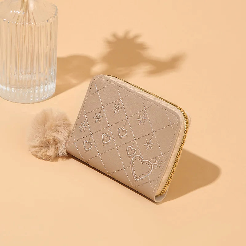 Women Fashion Zipper Wallet with Hairballs Simple Versatile Short Coin Purse Multi-Functional Multi-Card Slot Card Bag.