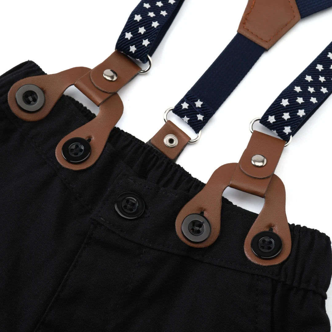 Black & White Classic Baby Boy Clothes Strap Set for Infant 1st Birthday Party Summer Short Sleeve Romper with Solid Shorts Suit.