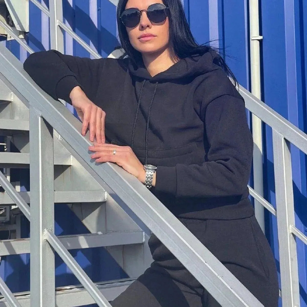 Women's Pocket Long-sleeved Hooded Sweatshirt Casual Set Autumn Winter New Solid Color Loose Sport Long Pants 2 Piece Set Female