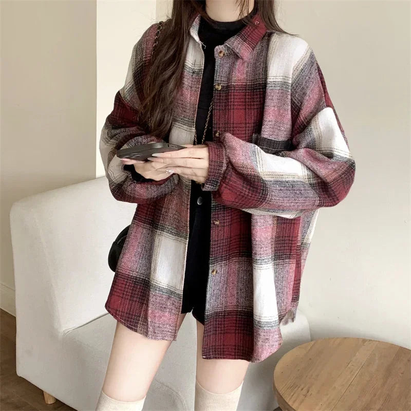 Zjaiss Women Thick Woolen Plaid Blouse Loose Long Sleeved Tops 2025 Autumn Winter New Casual Shirt Long Shirts.