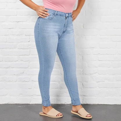 Classic Elastic Slim Fit Denim Jeans Mid Waist Cotton Blue Jeans Women's plus Size Jeans Fashionable Versatile Light Blue.