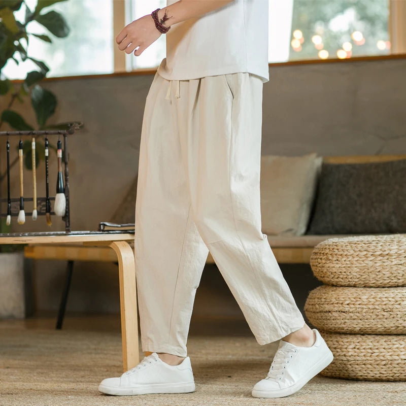 Men's Trousers Cotton Linen Fashion Casual Pants Solid Color Breathable Loose Shorts Straight Drawstring Pants Streetwear Men.