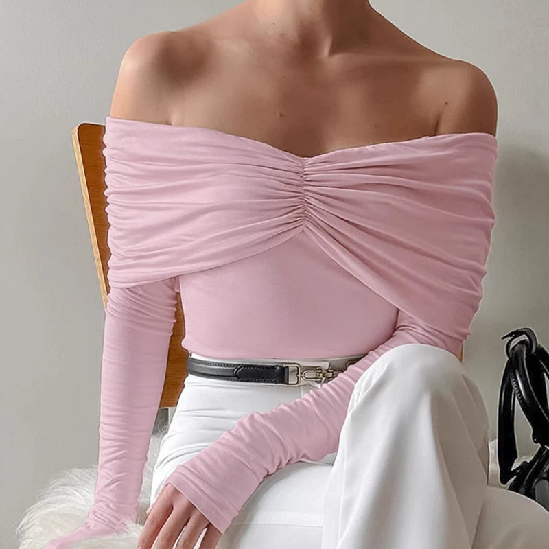 Talenza Sexy Ruched Top Women's One-Shoulder Long Sleeve Backless Solid Pullover Top Summer Female Office Lady Casual Top Women.