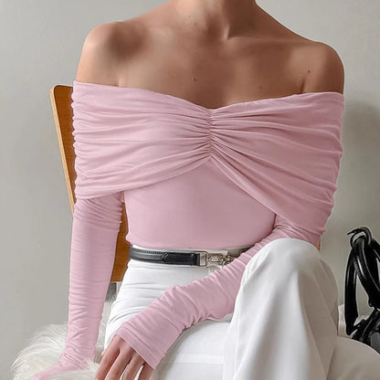 Talenza Sexy Ruched Top Women's One-Shoulder Long Sleeve Backless Solid Pullover Top Summer Female Office Lady Casual Top Women.