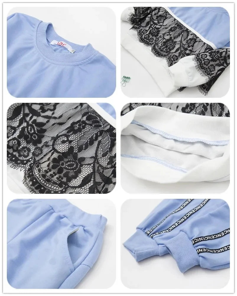 LZH Spring Autumn Girls Sports Suits Children Clothing Toddler Clothes Lace Warm Hooded Costume Outfit Kids Tracksuit Sets 3-8Y.