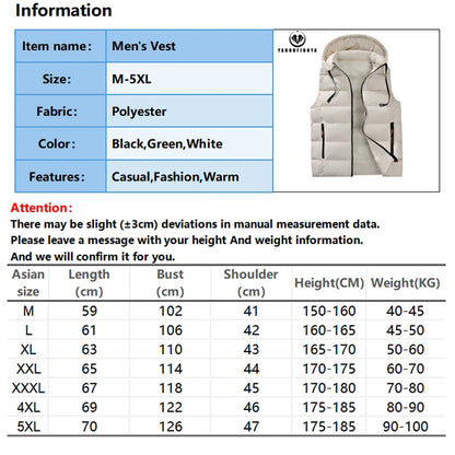 Autumn Winter Men Sleeveless Warm Detachable Hooded Vest Men Outdoor Windproof Casual Fashion Loose Brand Zipper Vest Male Coat.
