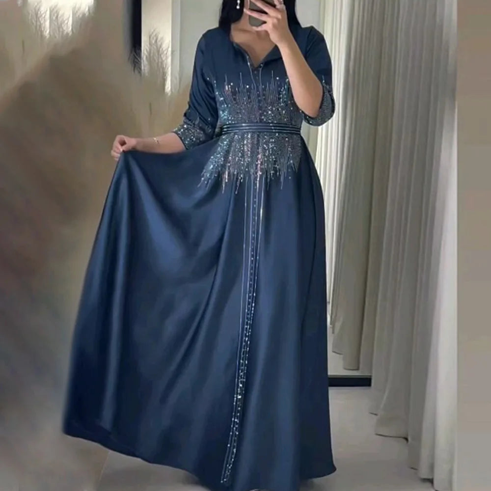 Naher Osten Ramadan Marokkanisches muslimisches geschmiedetes Gesichtskleid Arabisches Dubai-Kleid Luxusmode Hot Diamond Abendrobe.