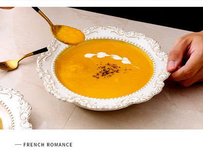 French Baroque Retro Relief Court Style Ceramic Dinner Plate European Tableware Western Food Plate Soup Plate Bowl Set.