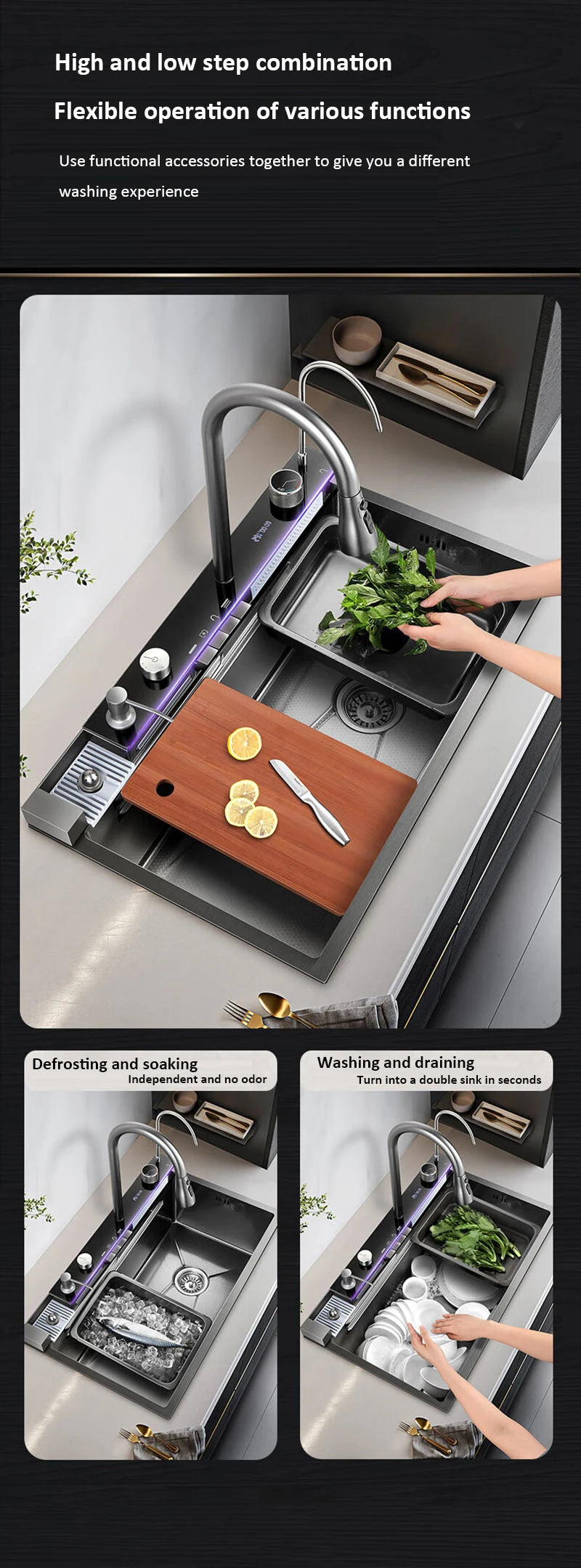 Kitchen Basin Stainless Steel Waterfall Sink Large Single Slot Integrated Digital Display Faucet Set Soap Dispenser Cup Washer