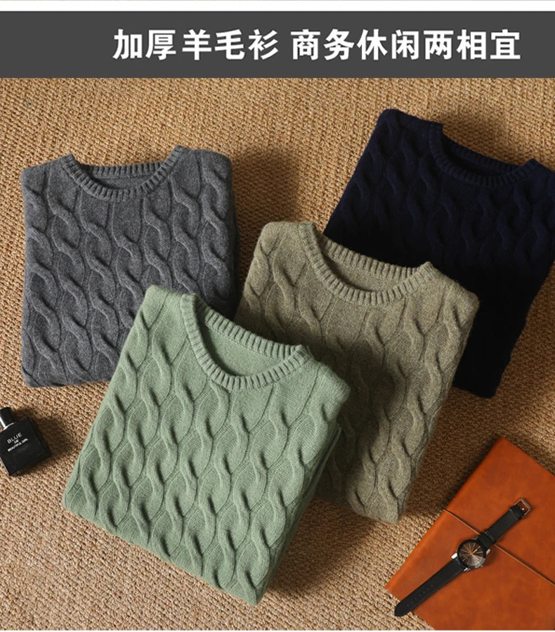 Autumn Winter Thickened Cashmere Sweater 100% Merino Wool Men's Top O-Neck Twisted Pullover Knitted Loose Long Sleeve Sweater.