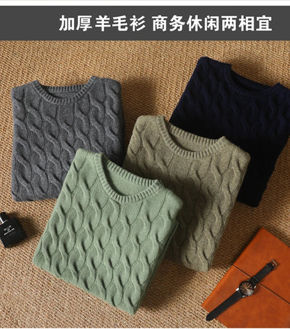 Autumn Winter Thickened Cashmere Sweater 100% Merino Wool Men's Top O-Neck Twisted Pullover Knitted Loose Long Sleeve Sweater.