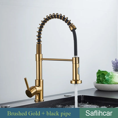 Brushed Gold Kitchen Sink Faucet Spring Pull-down Hot Cold Mixer Faucet Deck Installation Faucet