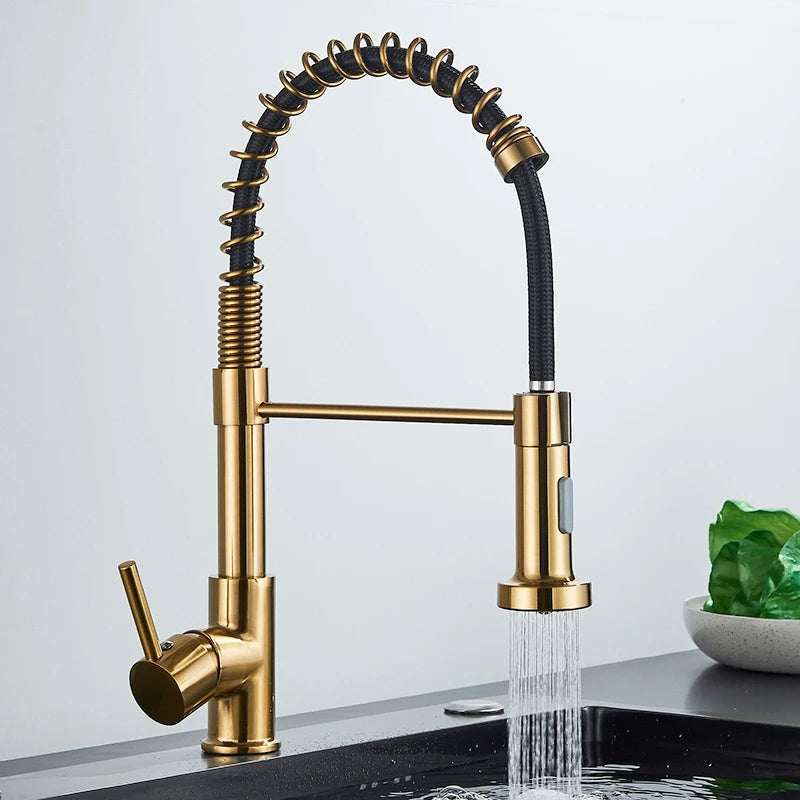 Brushed Gold Kitchen Faucet Pull Down 2-way Spray Single Handle Hot Cold Water Mixer Tap 360 Rotation Torneira Cozinha Mixer Tap