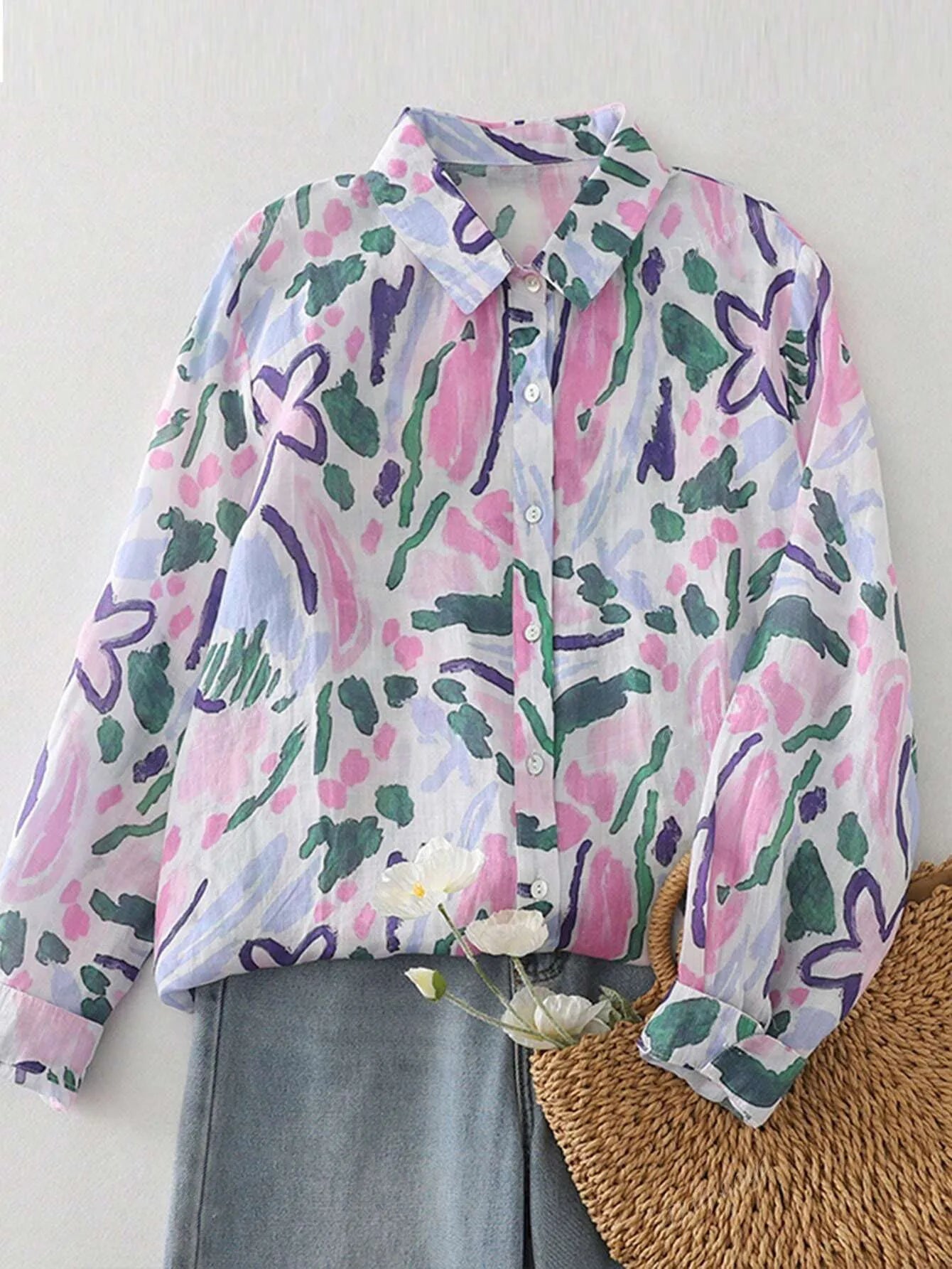 Ladies long sleeve shirt new style floral pattern shirt French style simple daily button casual women's top.