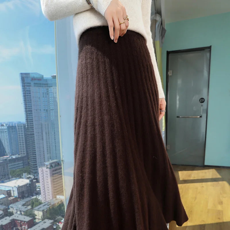 mink cashmere skirt Fashion long dress women A-line skirt autumn winter loose pleated skirt elegant high-waisted skirt ladies.