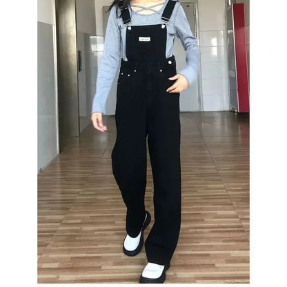 High Waist Wide Leg Jumpsuit Jeans Thin Strap Pants Korean Style Winter New Women's Loose Fit Trousers by None( AE Stock).