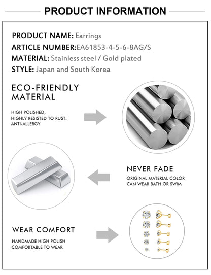 LUXUSTEEL 1Pairs/2Pcs Stainless Steel Crystal Studs Earrings For Women Men 4 Prong Tragus Round Clear Cubic Zirconia Ear Jewelry.