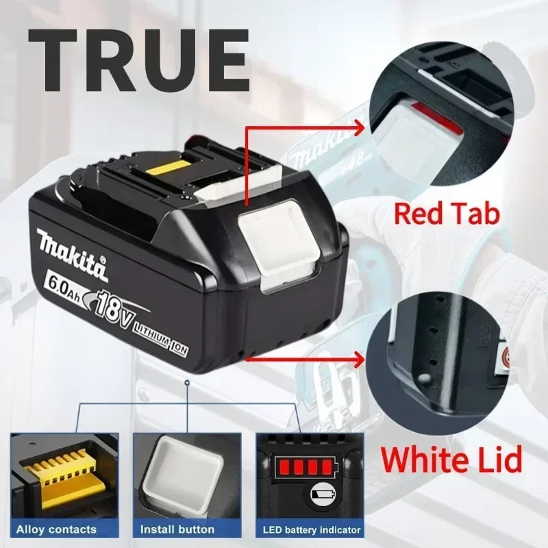 100% Original Makita 18V 6.0Ah battery, for Makita BL1830， BL1830B， BL1840 ，BL1840B ，BL1850 BL1860B power tools battery.