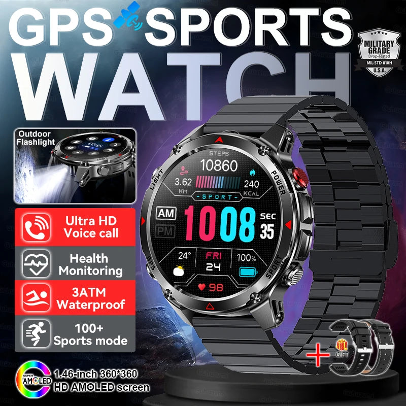 2025 New Outdoors Sports Military GPS Smart Watch 3ATM Waterproof Built-in Dual-Band GPS Compass Altimeter Swimming Smartwatches