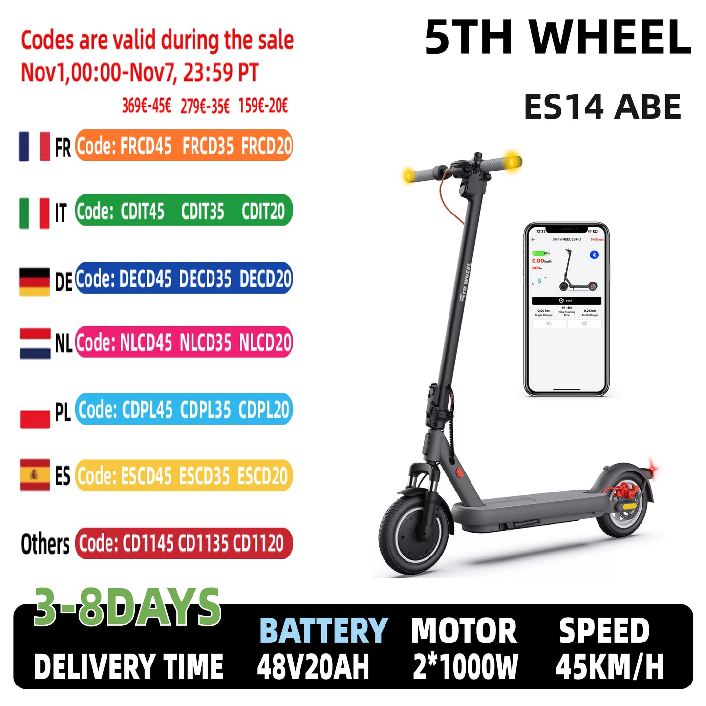 5TH WHEEL ES14 ABE Adult E-Scooter 400W Motor 48V 7.5AH  City Electric Scooter 10" Solid Tires Foldable Electric Scooter.