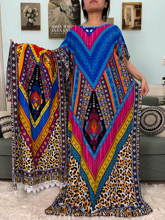 Muslim 2025 New Fashion Sets Abayas For Women Cotton Printed Loose Fit Femme Robe Afircan Islam Dress With 160x80cm Shawl Scarf.