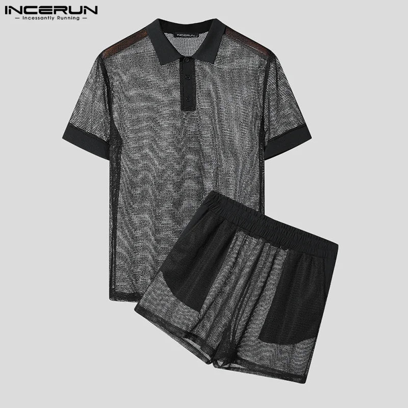 Men Short Sets Fashion Hollow Out INCERUN Two-piece Suits  Men's Sets Streetwear Short Sleeve Tops Shorts Men's Clothing Summer.