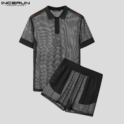 Men Short Sets Fashion Hollow Out INCERUN Two-piece Suits  Men's Sets Streetwear Short Sleeve Tops Shorts Men's Clothing Summer.