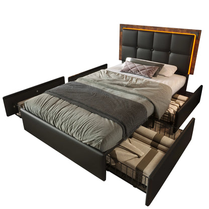 KOMHTOM Polsterbett PU - LED-Beleuchtungsleiste, 4 Schubladen, höhenverstellbares Kopfteil, ohne Matratze