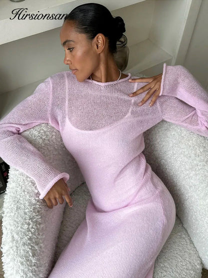 Hirsionsan Frühling Herbst Oansatz Elastische Stricken Lange Kleider Frauen 2024 Elegante Chic Weiche Dame Aushöhlung Pullover Kleider Femme Neue.