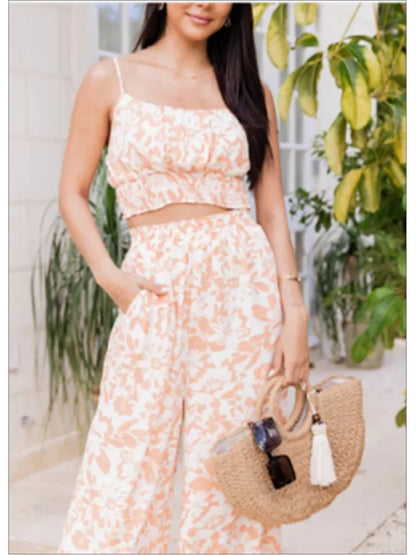 Women's Fashion Print Halter Sexy Short Top + Wide Leg Pant Suit Summer Casual Simple Sweet About Elegant Female Pant 2piece Set