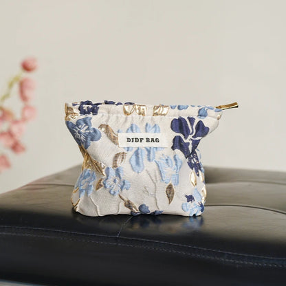 White Embroidery Daisy Women's Makeup Bag Portable Coin Purse Key Case Cosmetics Lipstick Storage Bag Commuter Liner Bag Ins.